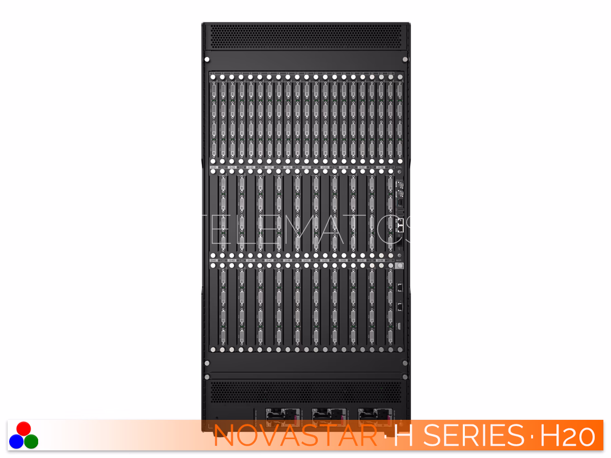 The Art Of Control · NovaStar H Series · Telematics Canada Straight front panel view of the NovaStar H20 video wall splicer featuring the central LCD monitoring screen.