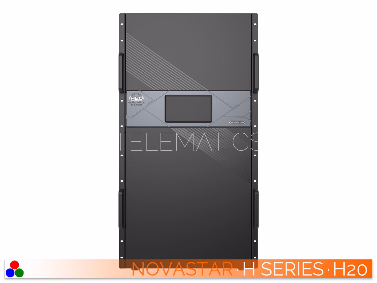 The Art Of Control · NovaStar H Series · Telematics Canada Angled right rear view of the NovaStar H20 video wall splicer showcasing populated modular input and output cards.