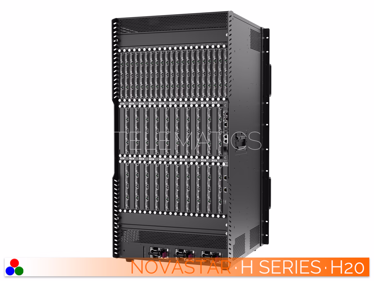 The Art Of Control · NovaStar H Series · Telematics Canada Elevated left rear view of the NovaStar H20 video wall splicer showing chassis depth and populated I/O card slots.
