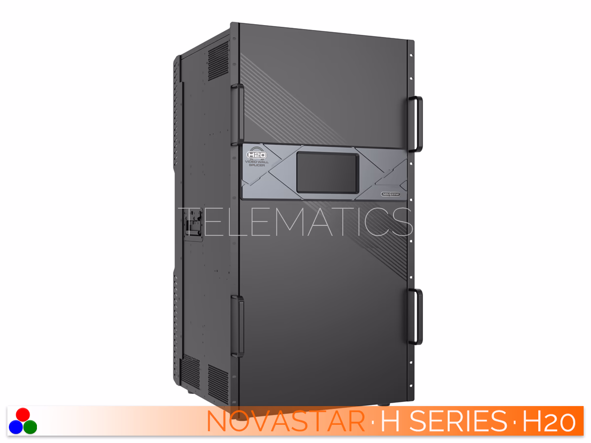 The Art Of Control · NovaStar H Series · Telematics Canada Straight rear panel view of the NovaStar H20 video wall splicer displaying densely populated modular input and output card slots alongside redundant power supplies.