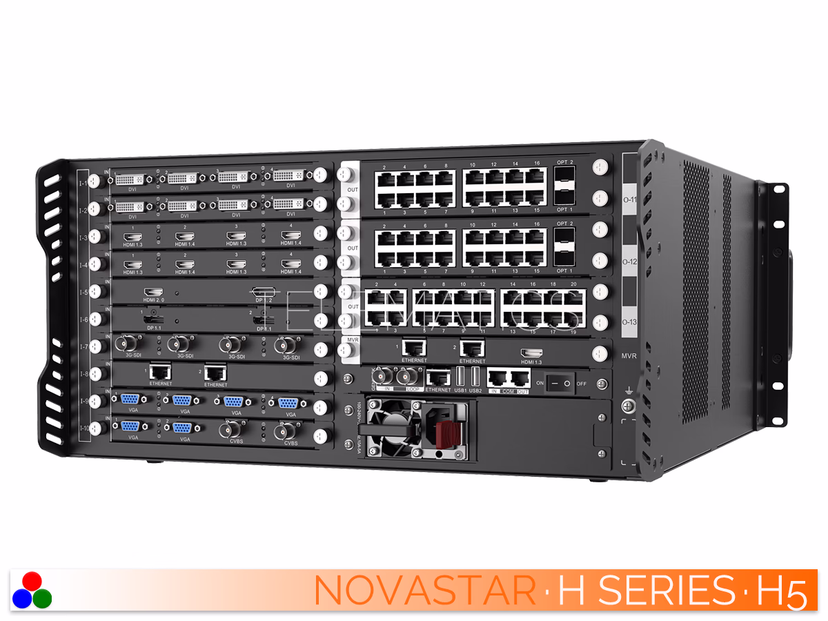 The Art Of Control · NovaStar H Series · Telematics Canada Left-angled rear perspective of the NovaStar H5 processor displaying the array of DVI, HDMI, and SDI input cards.