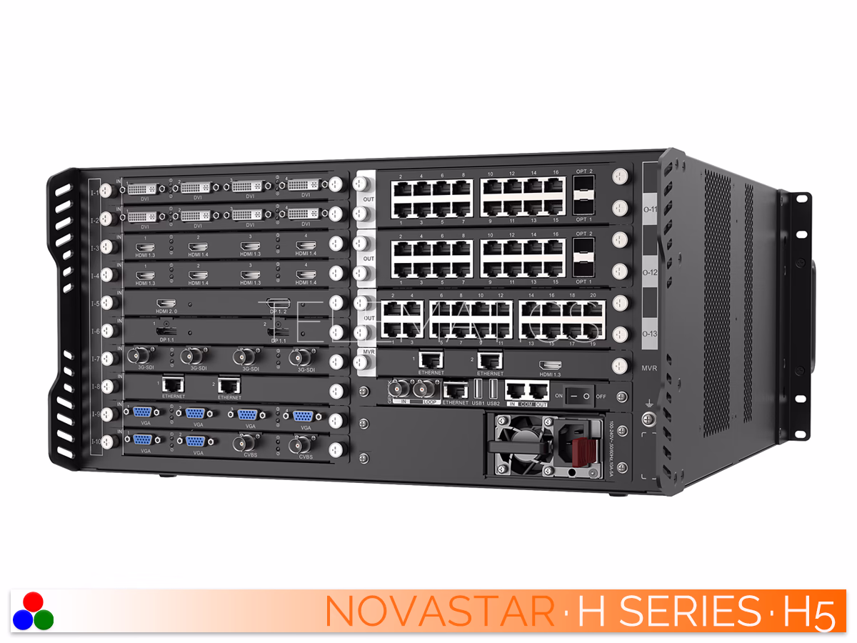 The Art Of Control · NovaStar H Series · Telematics Canada Angled right rear view of the NovaStar H5 video wall splicer showcasing populated modular input and output cards.