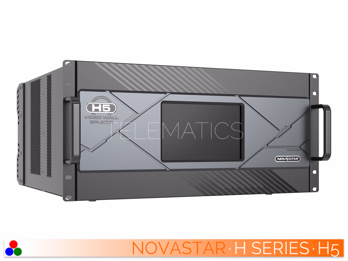 The Art Of Control · NovaStar H Series · Telematics Canada Right-angled front view of the NovaStar H5 5U video wall splicer showing the LCD screen and side ventilation.