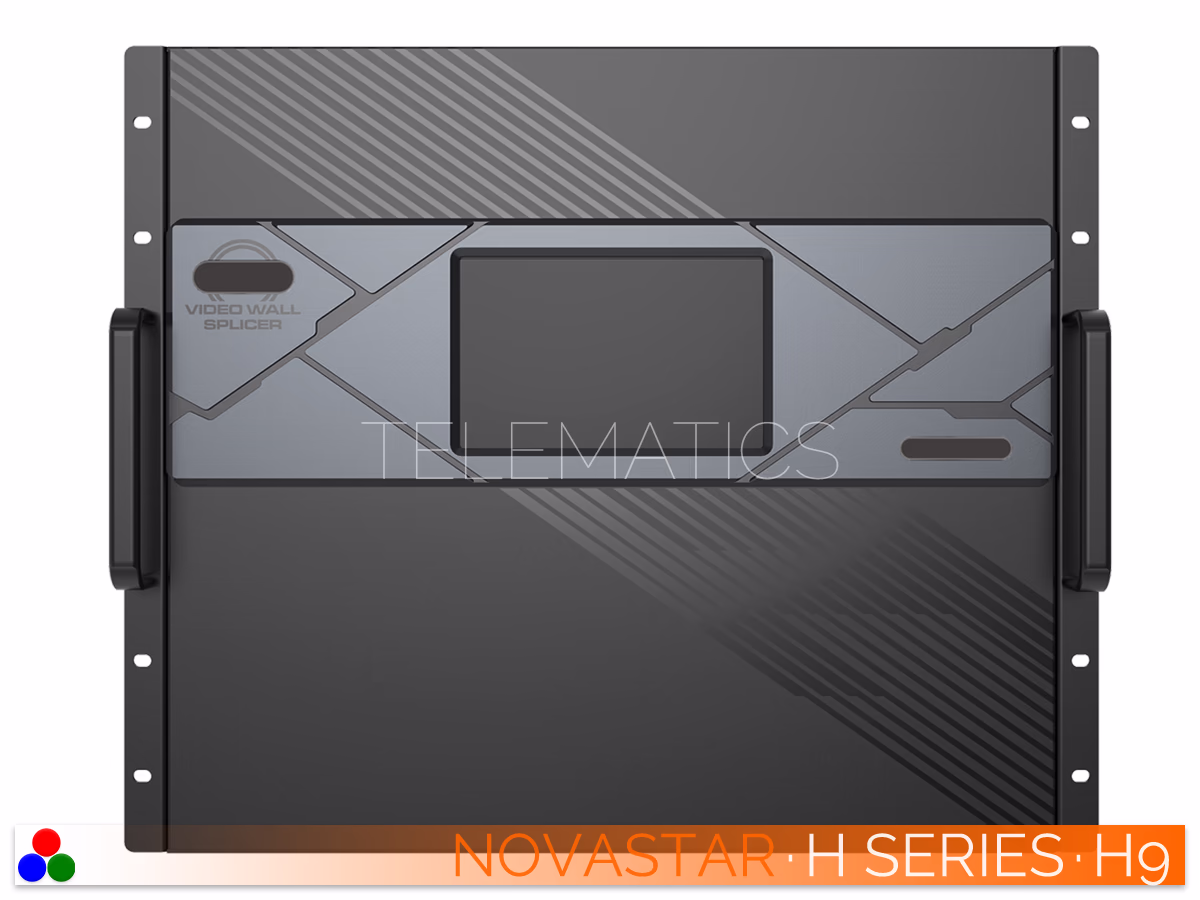 The Art Of Control · NovaStar H Series · Telematics Canada Angled left front view of the NovaStar H9 video wall splicer showcasing the rack-mountable chassis and central LCD screen.