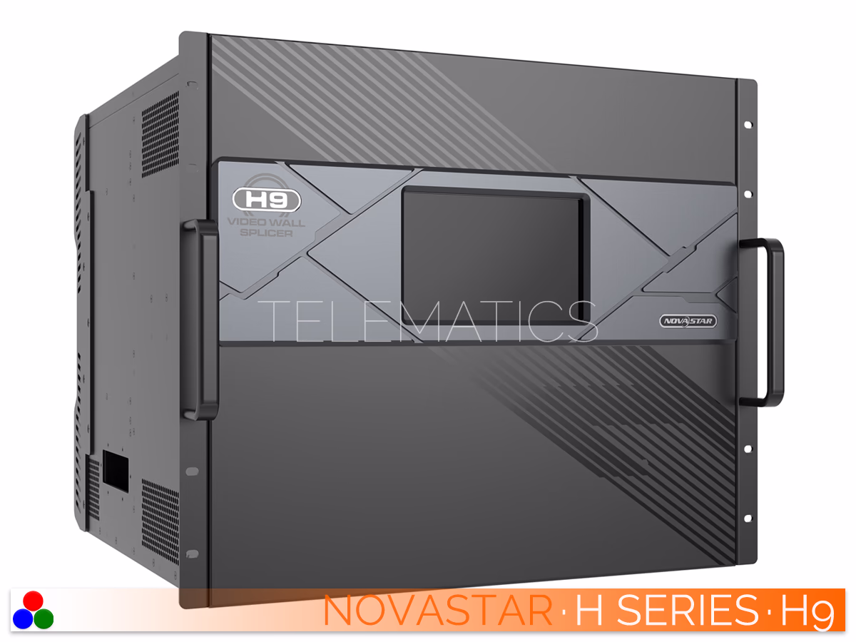 The Art Of Control · NovaStar H Series · Telematics Canada Direct front panel view of the NovaStar H9 video wall splicer displaying the active LCD touchscreen menu interface.