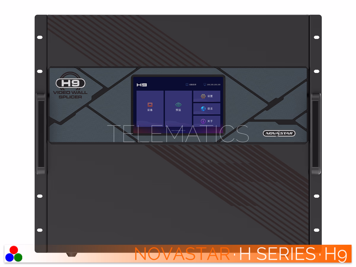 The Art Of Control · NovaStar H Series · Telematics Canada Straight rear panel view of the NovaStar H9 video wall splicer focusing on the active modular input and output interfaces.