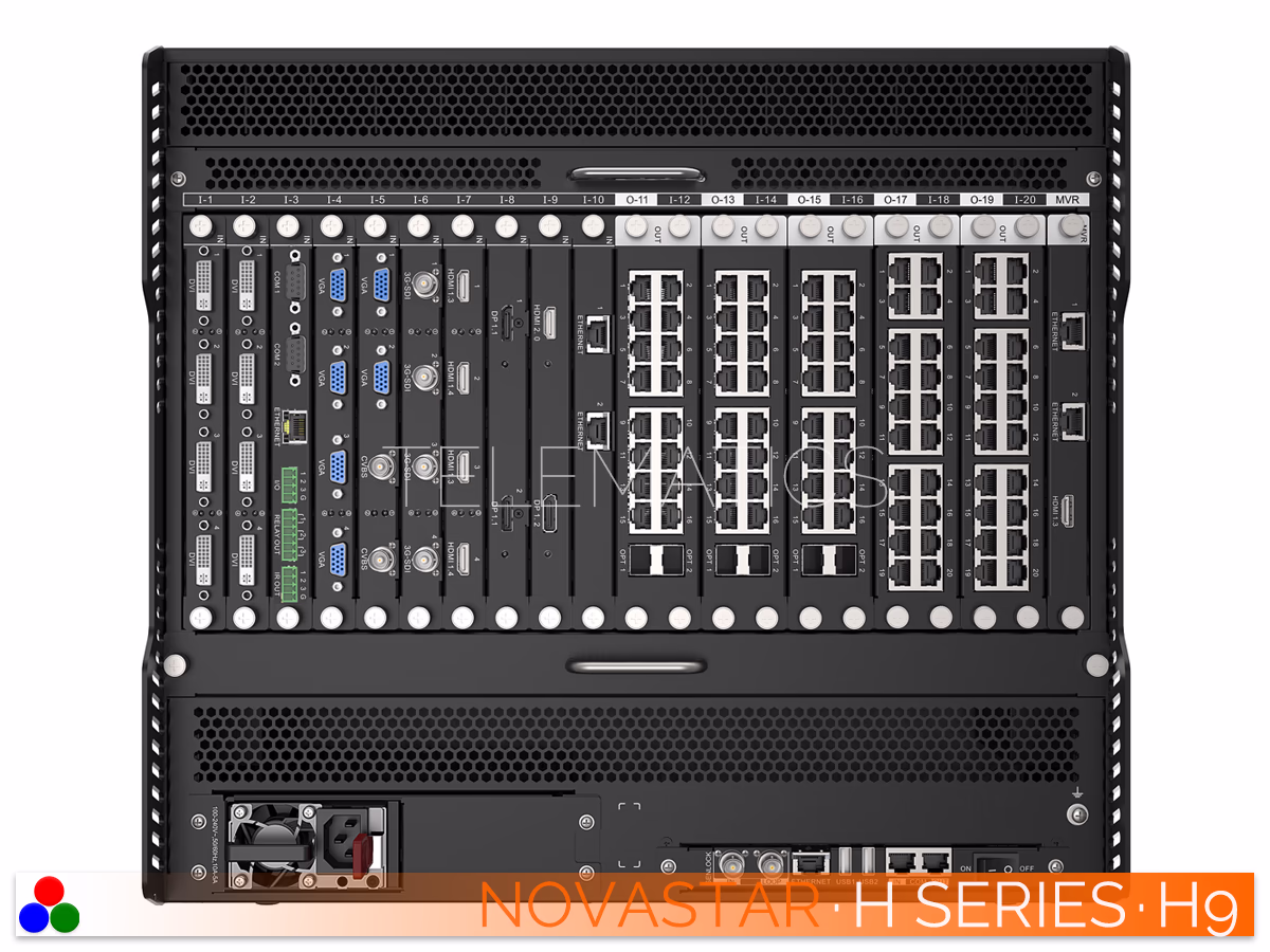 The Art Of Control · NovaStar H Series · Telematics Canada Straight rear panel view of the NovaStar H9 video wall splicer displaying populated modular input and output card slots alongside redundant power supplies.
