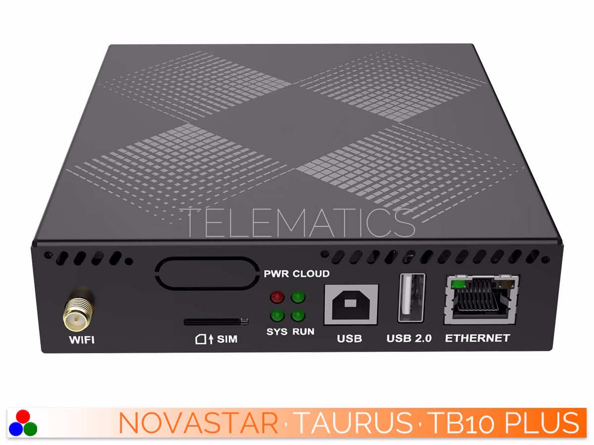 The Art Of Control · NovaStar Taurus Series · Telematics Canada Left-angled front perspective of the NovaStar Taurus TB10 Plus LED display controller enclosure.