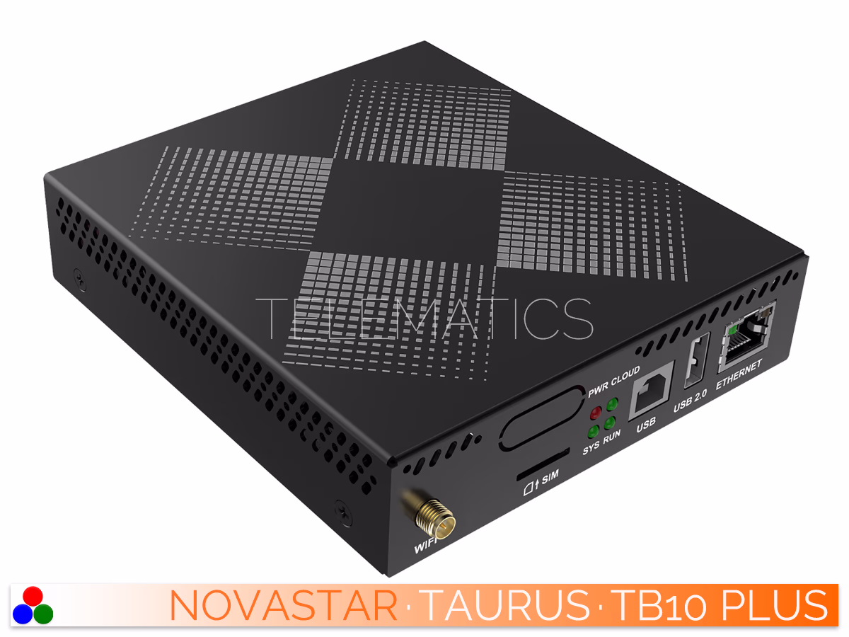 The Art Of Control · NovaStar Taurus Series · Telematics Canada Right-angled front view of the NovaStar TB10 Plus multimedia player showing top ventilation patterns.