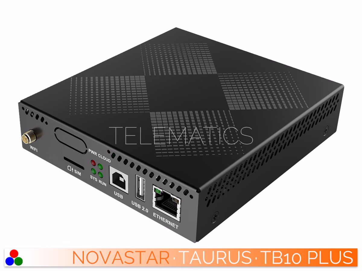 The Art Of Control · NovaStar Taurus Series · Telematics Canada Elevated right-angled perspective of the NovaStar Taurus TB10 Plus compact hardware chassis.