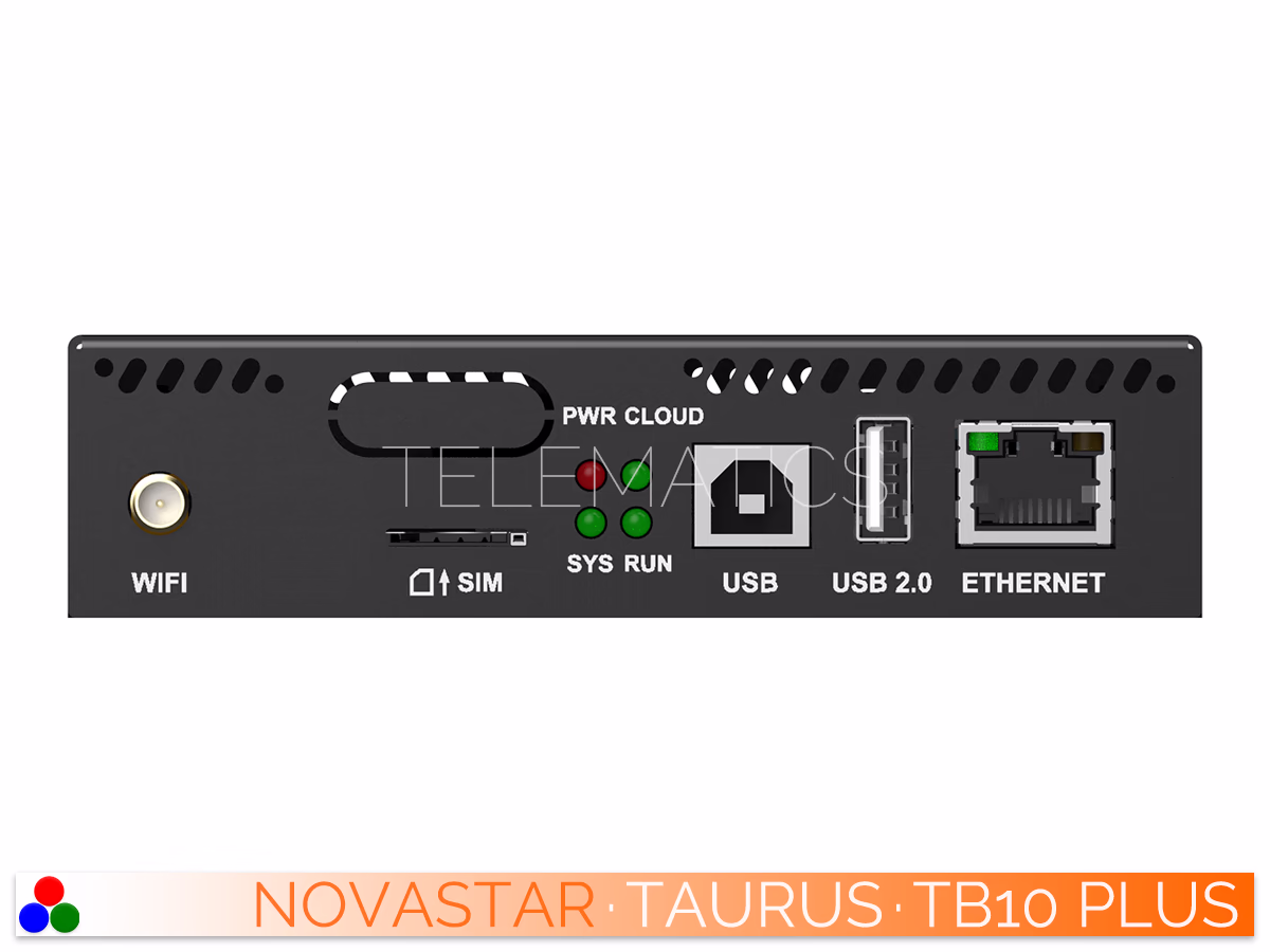 The Art Of Control · NovaStar Taurus Series · Telematics Canada NovaStar Taurus TB10 Plus multimedia player front panel detailing WiFi, SIM, USB, and Ethernet connectivity.