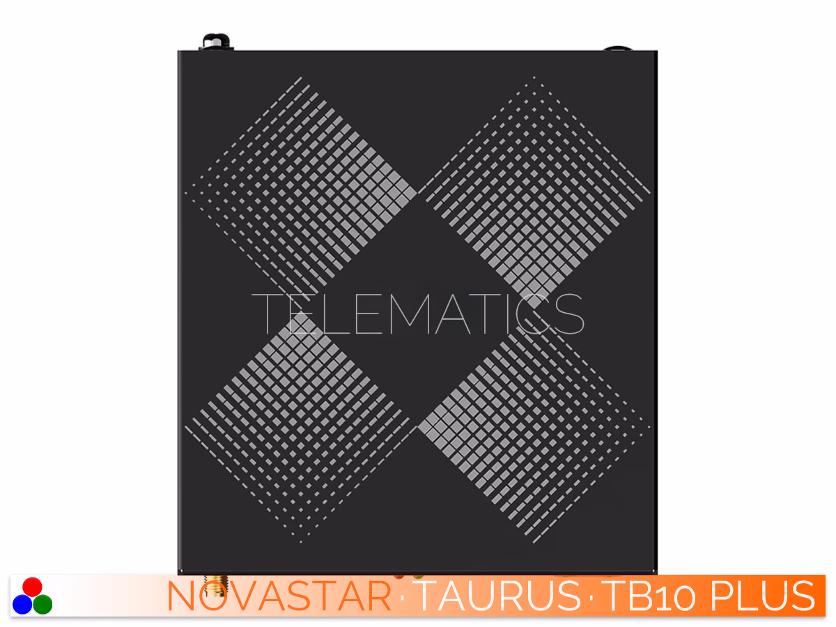 The Art Of Control · NovaStar Taurus Series · Telematics Canada Top-down view of the NovaStar Taurus TB10 Plus multimedia player featuring a geometric surface design.