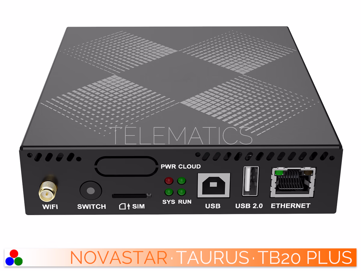 The Art Of Control · NovaStar Taurus Series · Telematics Canada Left-angled front perspective of the NovaStar Taurus TB20 Plus LED display controller enclosure.