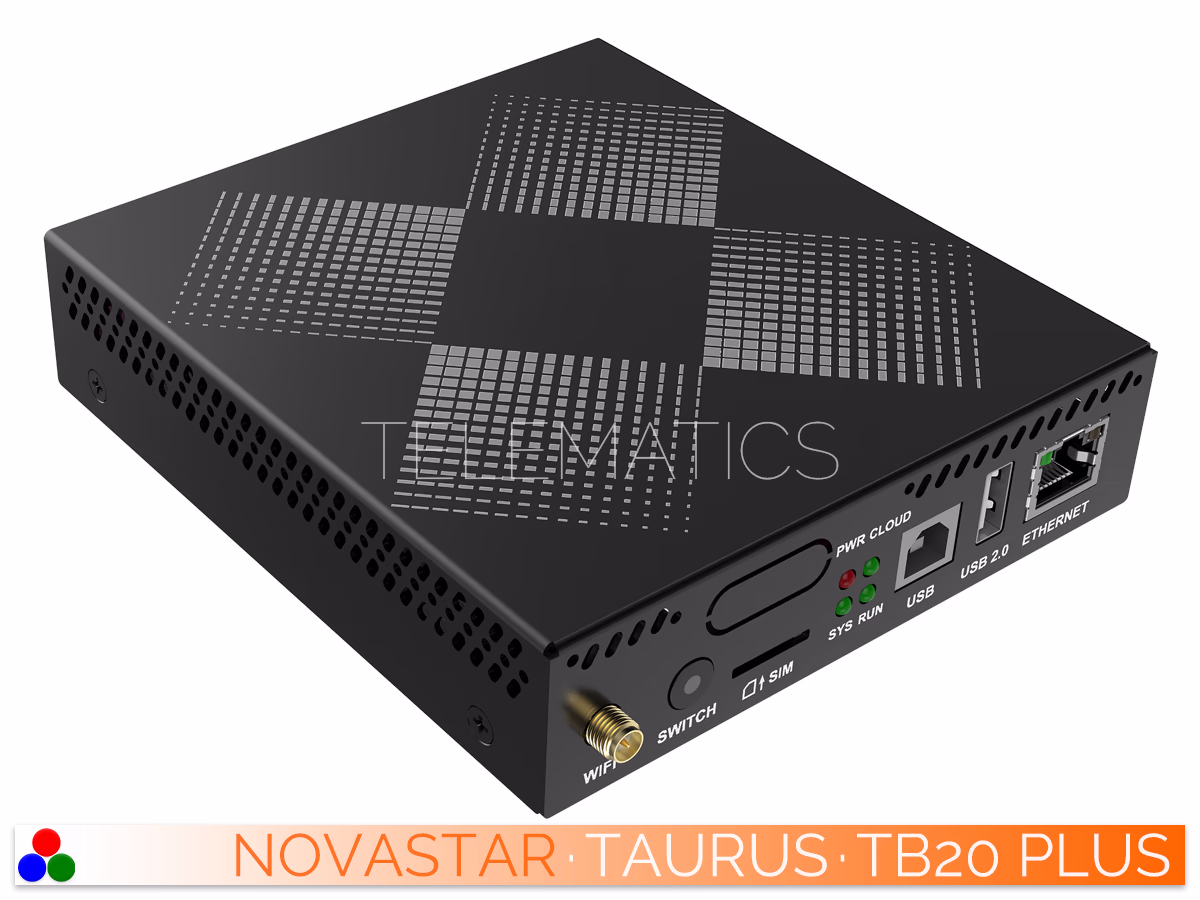 The Art Of Control · NovaStar Taurus Series · Telematics Canada Right-angled front view of the NovaStar TB20 Plus multimedia player showing side and top ventilation patterns.