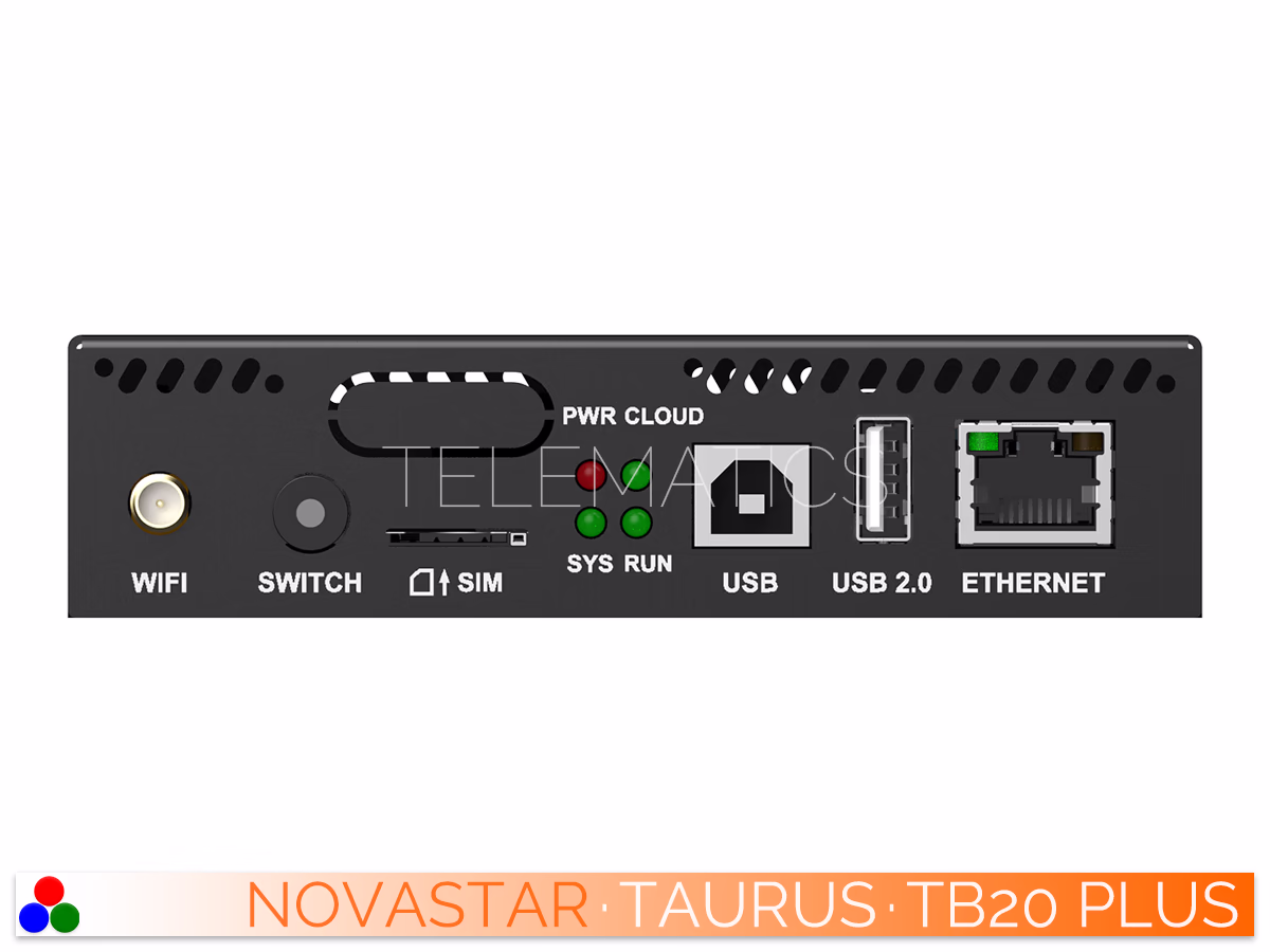 The Art Of Control · NovaStar Taurus Series · Telematics Canada NovaStar Taurus TB20 Plus multimedia player front panel detailing WiFi, SIM, USB, and Gigabit Ethernet connections.