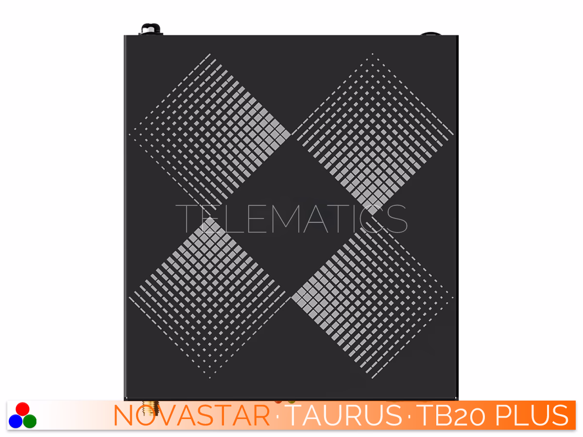 The Art Of Control · NovaStar Taurus Series · Telematics Canada Top-down view of the NovaStar Taurus TB20 Plus multimedia player featuring a geometric surface design.