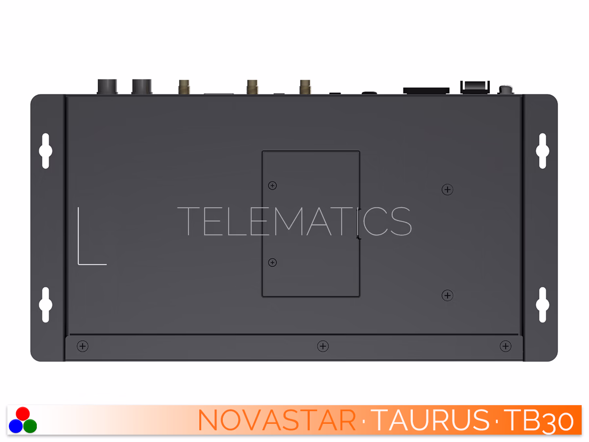 The Art Of Control · NovaStar Taurus Series · Telematics Canada Bottom chassis view of the NovaStar TB30 multimedia player highlighting the fixed installation mounting brackets.