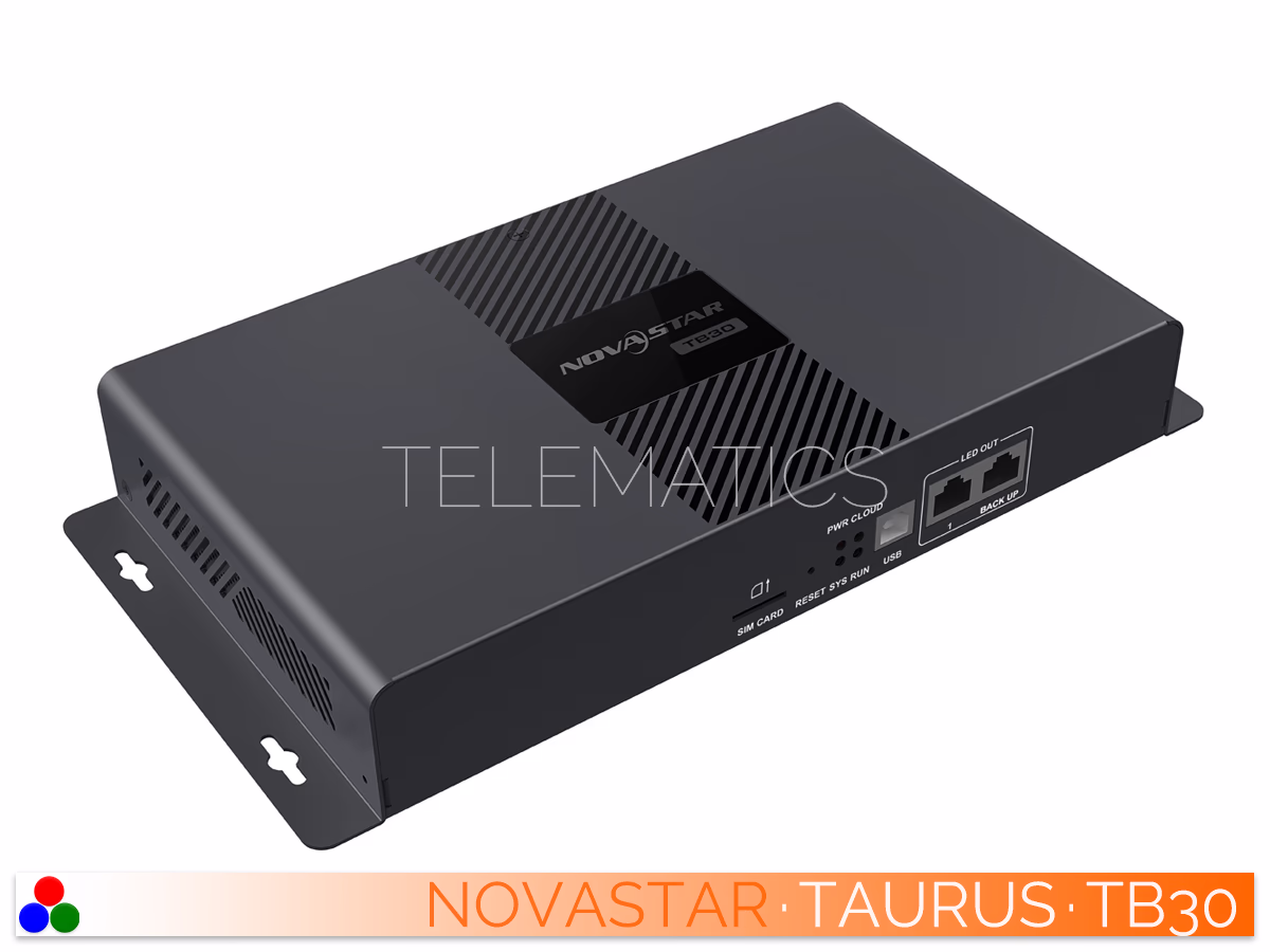 The Art Of Control · NovaStar Taurus Series · Telematics Canada Left-angled front view of the NovaStar Taurus TB30 LED display controller highlighting the indicator lights and networking ports.