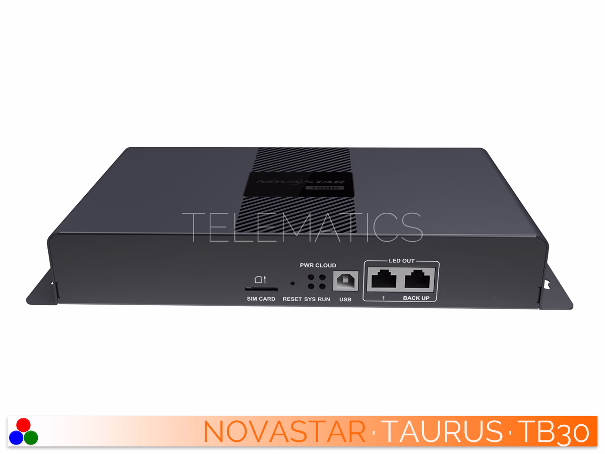 The Art Of Control · NovaStar Taurus Series · Telematics Canada Front panel of the NovaStar TB30 multimedia player featuring the SIM card slot, USB control port, and dual LED outputs.