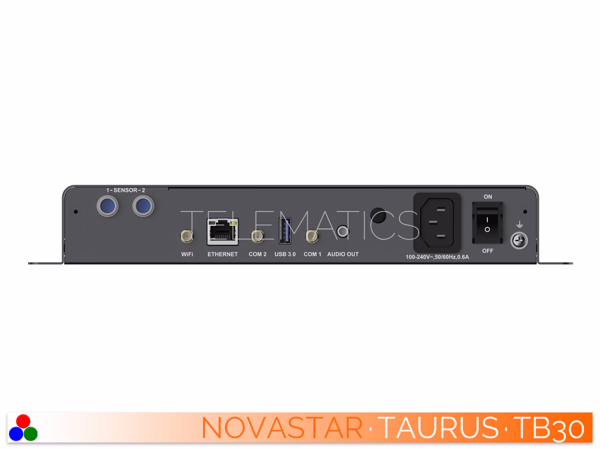 The Art Of Control · NovaStar Taurus Series · Telematics Canada Straight rear panel view of the NovaStar TB30 multimedia player showcasing sensor, WiFi, Ethernet, GPS, 4G, and audio connections.
