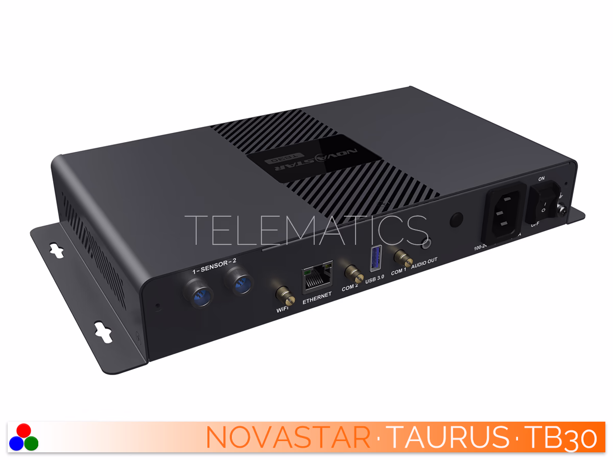The Art Of Control · NovaStar Taurus Series · Telematics Canada Left-angled perspective of the NovaStar Taurus TB30 rear panel detailing sensor inputs, Ethernet, USB 3.0, and the power switch.