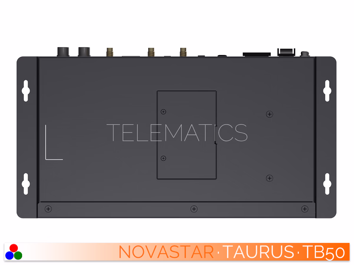 The Art Of Control · NovaStar Taurus Series · Telematics Canada Bottom chassis view of the NovaStar TB50 multimedia player highlighting the fixed installation mounting brackets.