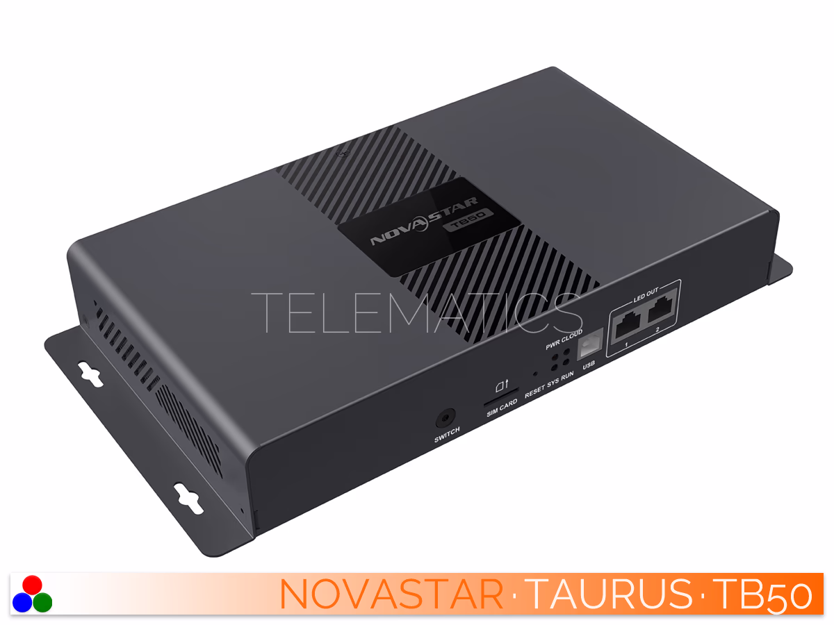 The Art Of Control · NovaStar Taurus Series · Telematics Canada Left-angled front perspective of the NovaStar Taurus TB50 multimedia player highlighting the sync/async switch, SIM card slot, and dual LED output ports.