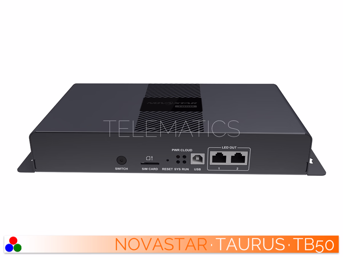 The Art Of Control · NovaStar Taurus Series · Telematics Canada Right-angled front view of the NovaStar Taurus TB50 multimedia player showing the front connectivity interface and side ventilation.