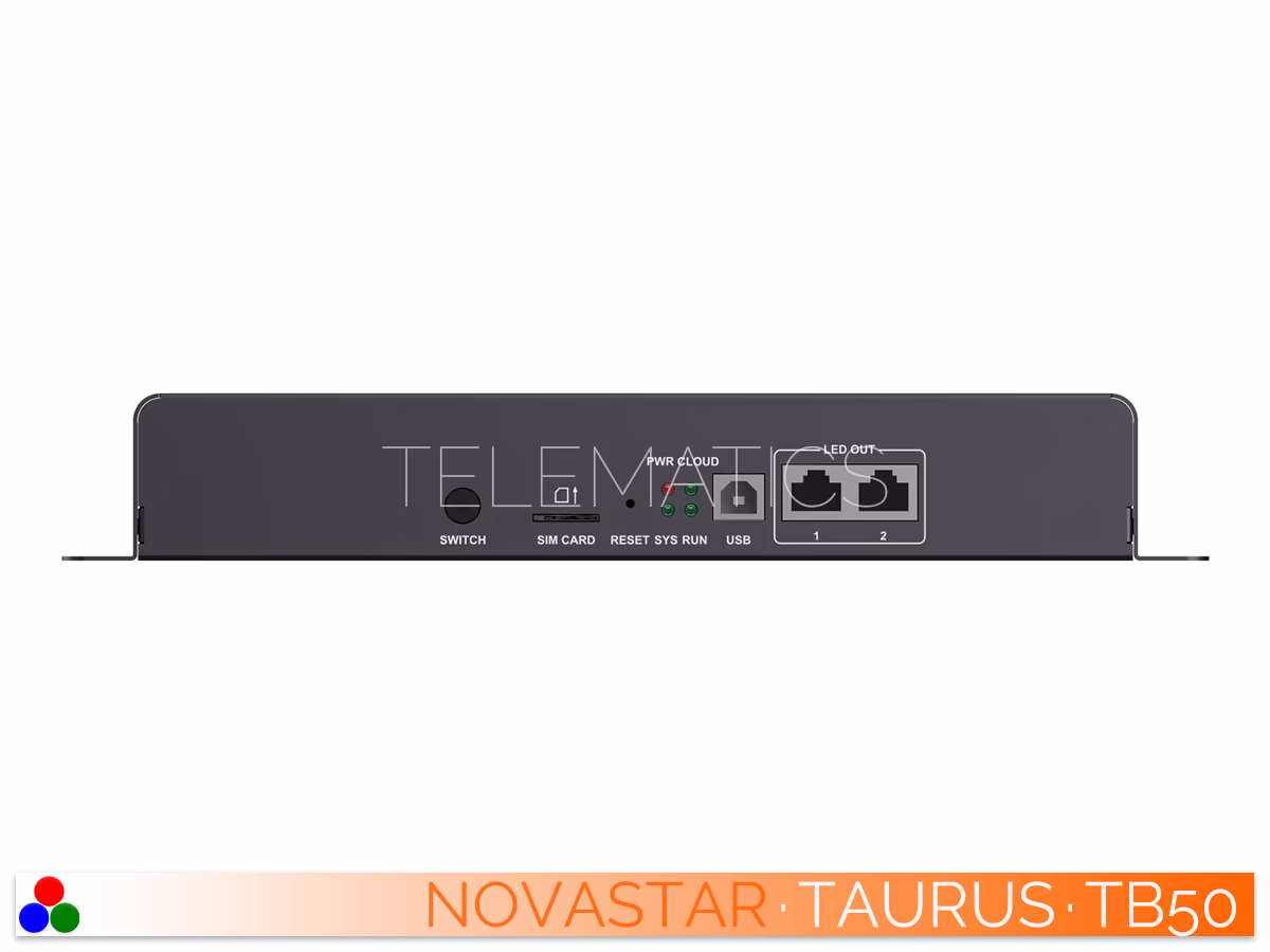 The Art Of Control · NovaStar Taurus Series · Telematics Canada Front panel of the NovaStar TB50 LED display controller featuring the synchronous/asynchronous switch, USB control port, and dual Gigabit Ethernet outputs.
