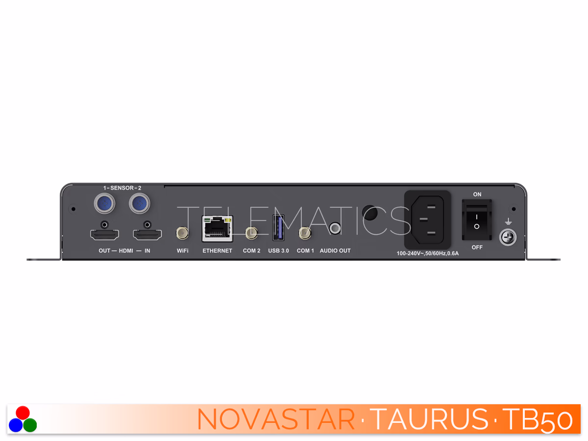 The Art Of Control · NovaStar Taurus Series · Telematics Canada Straight rear panel view of the NovaStar TB50 multimedia player showcasing HDMI loop, sensor inputs, WiFi, Gigabit Ethernet, and audio connections.