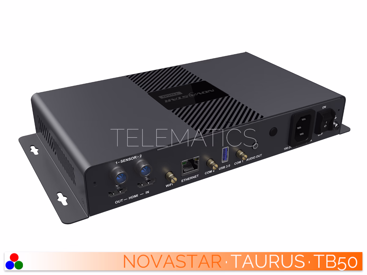 The Art Of Control · NovaStar Taurus Series · Telematics Canada Left-angled perspective of the NovaStar Taurus TB50 rear panel detailing HDMI input/output, sensor connections, Ethernet, and USB 3.0 ports.