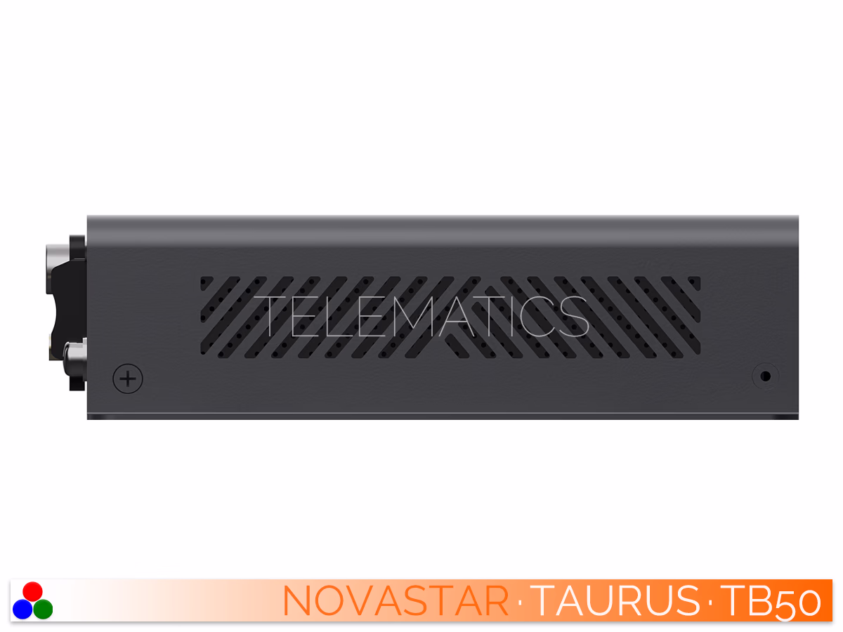 The Art Of Control · NovaStar Taurus Series · Telematics Canada Right side profile of the NovaStar Taurus TB50 casing detailing diagonal ventilation slits and the integrated chassis grounding point.