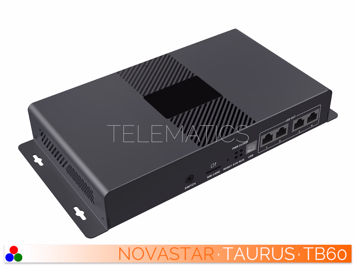 The Art Of Control · NovaStar Taurus Series · Telematics Canada Left-angled front perspective of the NovaStar Taurus TB60 multimedia player highlighting the indicator lights and quad LED output ports.