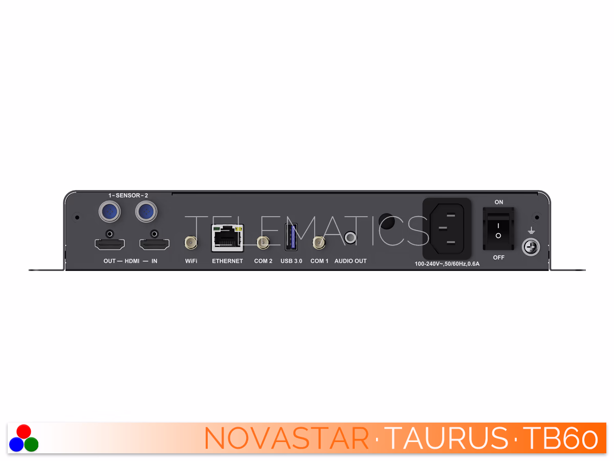 The Art Of Control · NovaStar Taurus Series · Telematics Canada Right-angled front view of the NovaStar Taurus TB60 multimedia player showing the front connectivity interface and side ventilation.