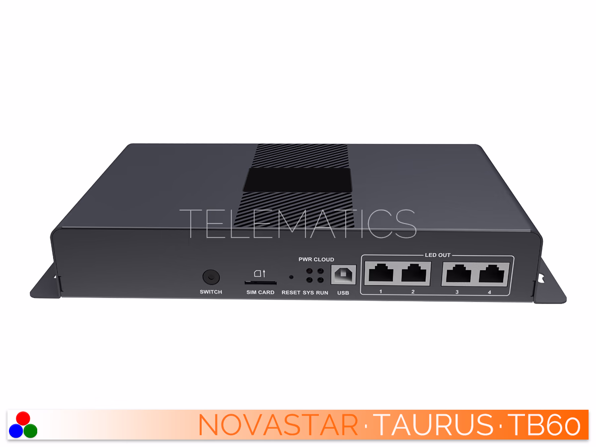 The Art Of Control · NovaStar Taurus Series · Telematics Canada Front panel of the NovaStar TB60 LED display controller featuring the sync/async switch, USB interface, SIM card slot, and four Gigabit Ethernet outputs.