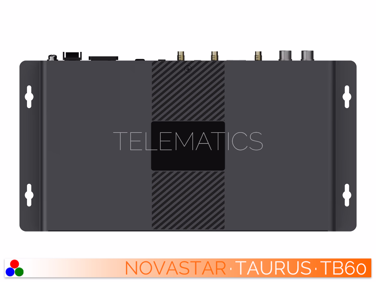 The Art Of Control · NovaStar Taurus Series · Telematics Canada Straight rear panel view of the NovaStar TB60 multimedia player showcasing HDMI loop, sensors, WiFi, Ethernet, and primary AC power.