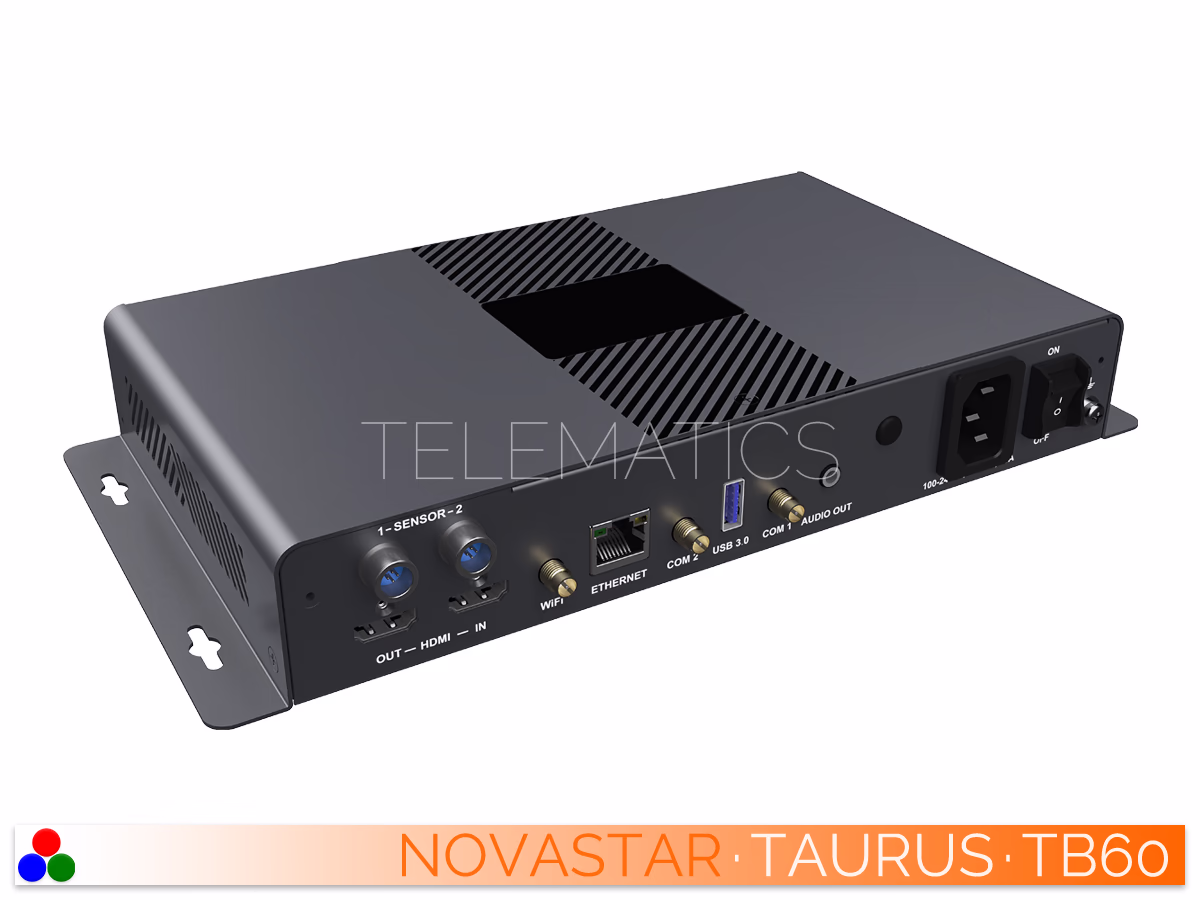 The Art Of Control · NovaStar Taurus Series · Telematics Canada Left-angled perspective of the NovaStar Taurus TB60 rear panel detailing HDMI connectivity, sensor inputs, Ethernet, and USB 3.0 ports.