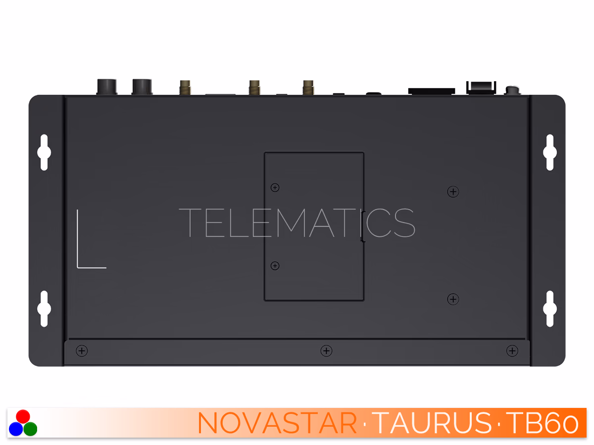 The Art Of Control · NovaStar Taurus Series · Telematics Canada Right side profile of the NovaStar Taurus TB60 casing detailing diagonal ventilation slits and the integrated chassis grounding point.