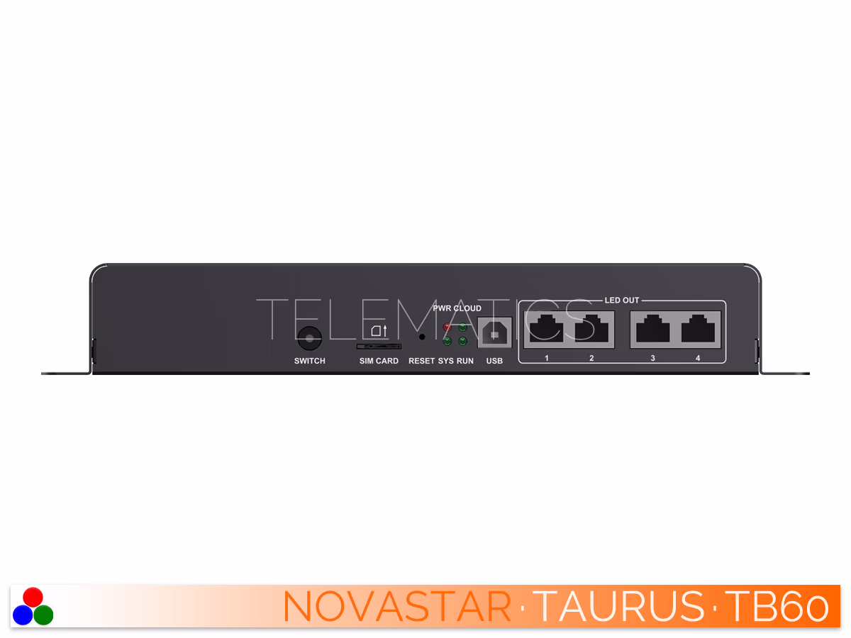 The Art Of Control · NovaStar Taurus Series · Telematics Canada Side profile of the NovaStar Taurus TB60 hardware enclosure displaying the diagonal heat dissipation vents and fixed mounting flange.