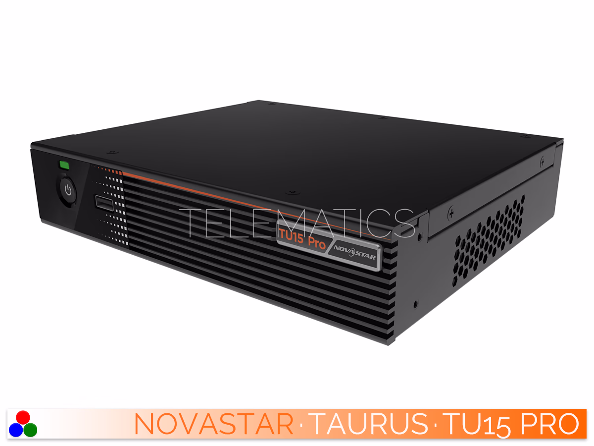 The Art Of Control · NovaStar Taurus Series · Telematics Canada Elevated right-angled perspective of the NovaStar TU15 Pro hardware enclosure detailing side heat dissipation vents.