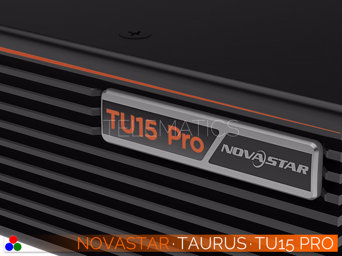 The Art Of Control · NovaStar Taurus Series · Telematics Canada Extreme close-up of the NovaStar Taurus TU15 Pro branding badge on the ribbed front bezel.