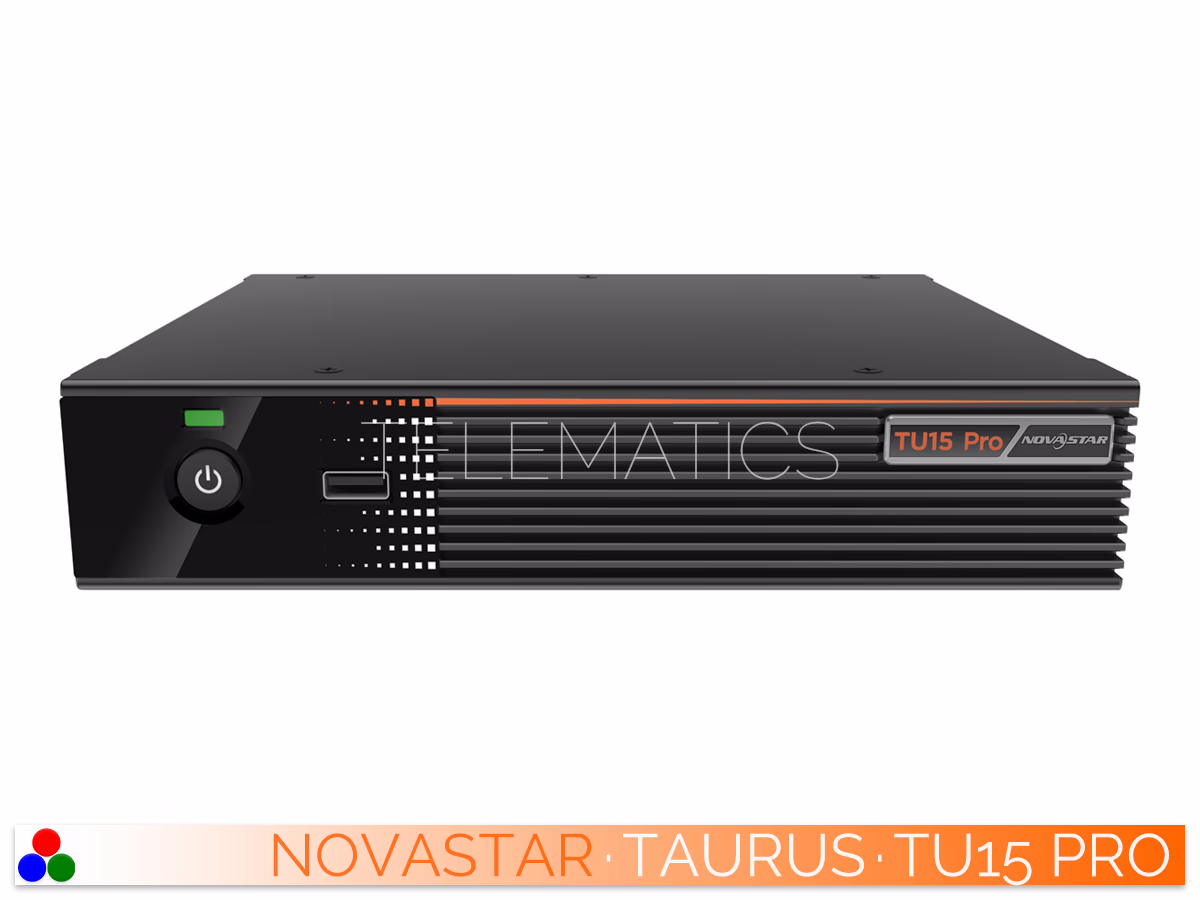 The Art Of Control · NovaStar Taurus Series · Telematics Canada Elevated front perspective of the NovaStar Taurus TU15 Pro multimedia player highlighting the compact chassis.
