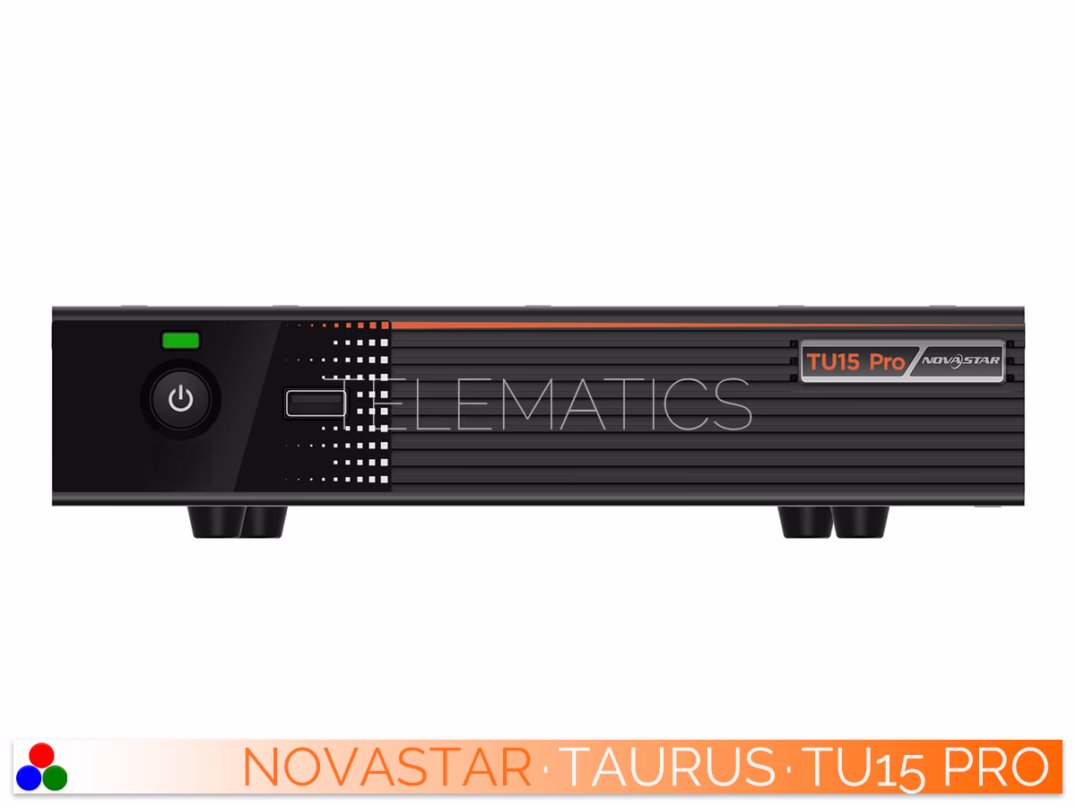 The Art Of Control · NovaStar Taurus Series · Telematics Canada Straight front panel view of the NovaStar TU15 Pro LED display controller featuring the power button, USB port, and ribbed bezel design.