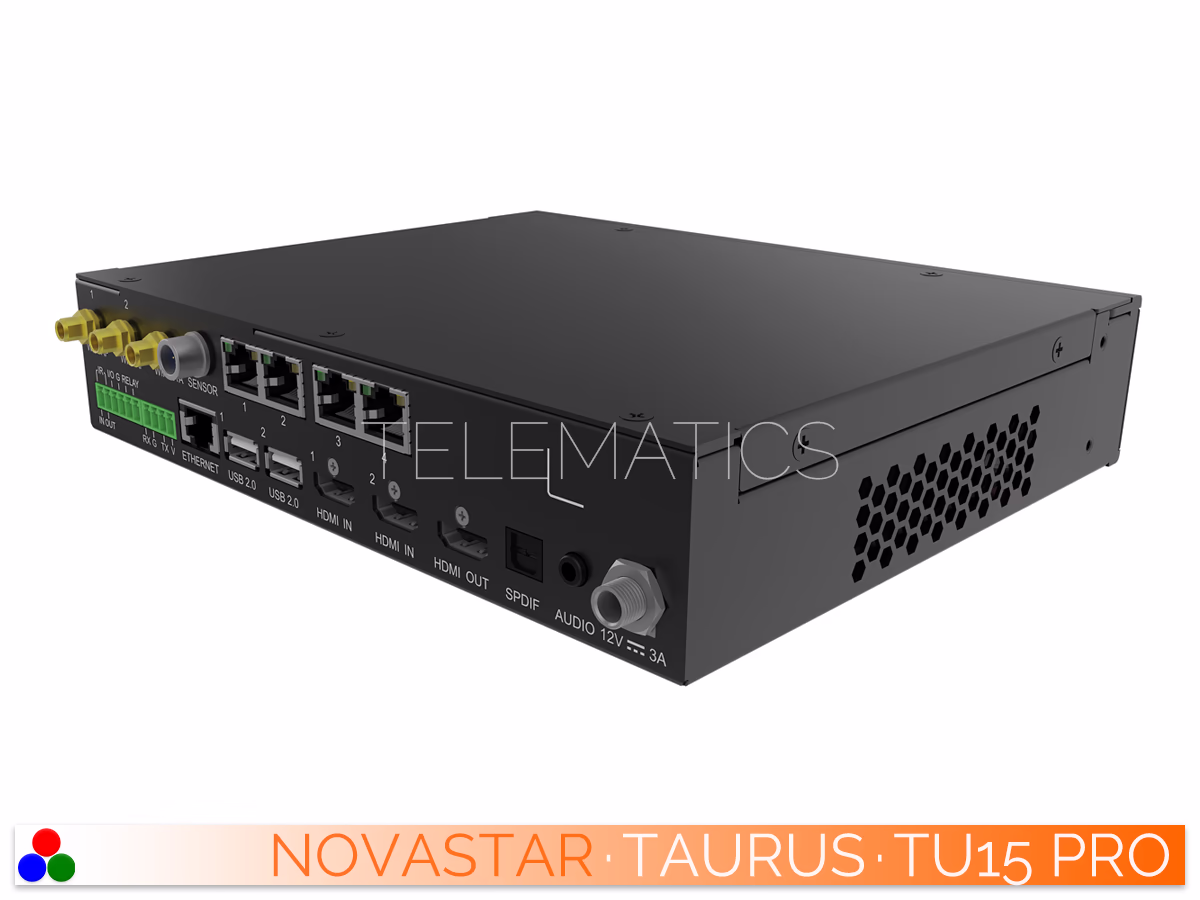The Art Of Control · NovaStar Taurus Series · Telematics Canada Left-angled rear view of the NovaStar TU15 Pro multimedia player highlighting HDMI, Ethernet, and power input interfaces.