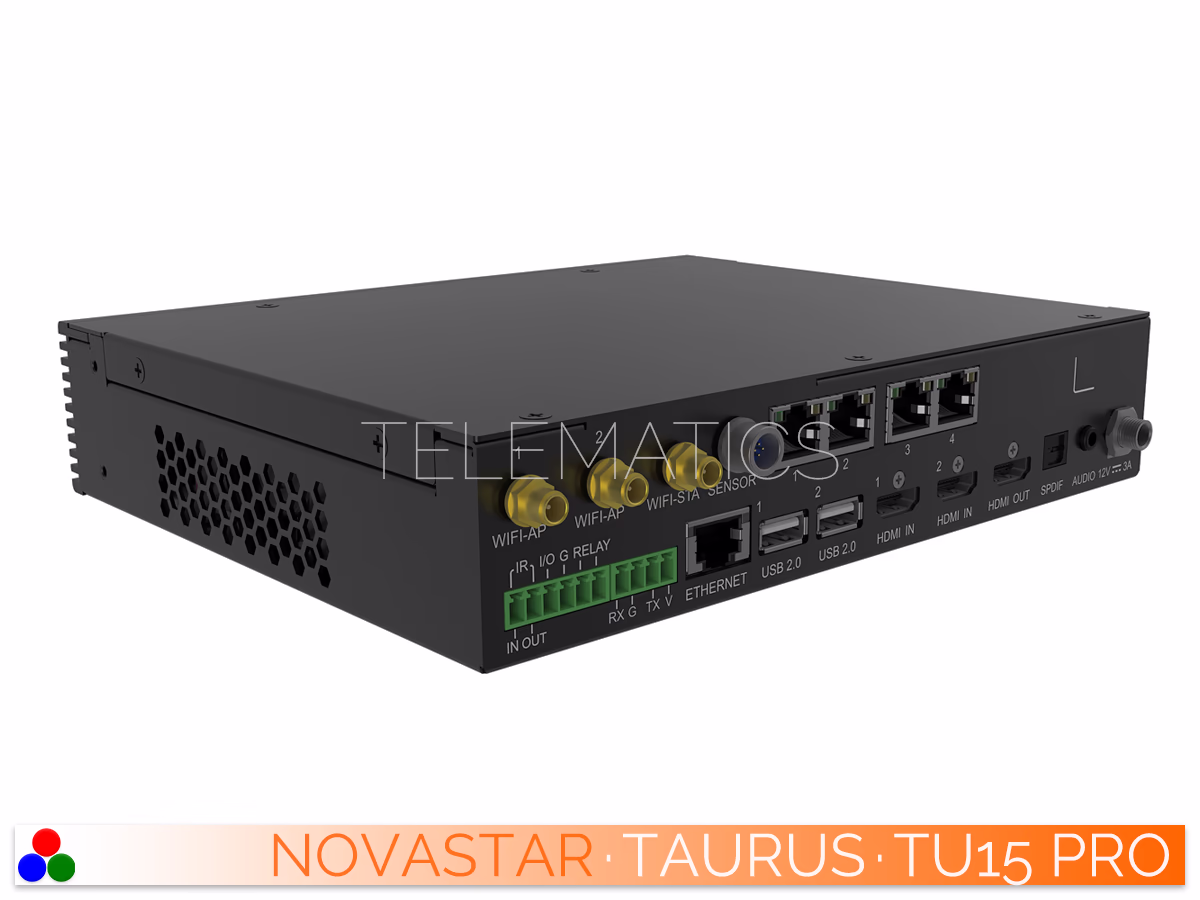 The Art Of Control · NovaStar Taurus Series · Telematics Canada Right-angled rear perspective of the NovaStar Taurus TU15 Pro detailing the WiFi, sensor, and relay connections.