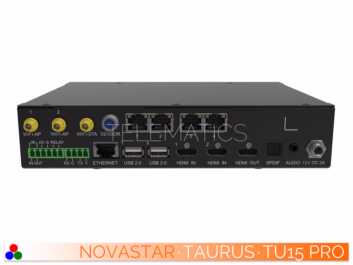 The Art Of Control · NovaStar Taurus Series · Telematics Canada Straight rear panel view of the NovaStar TU15 Pro showcasing HDMI inputs/outputs, Gigabit Ethernet, USB, audio, and sensor terminals.