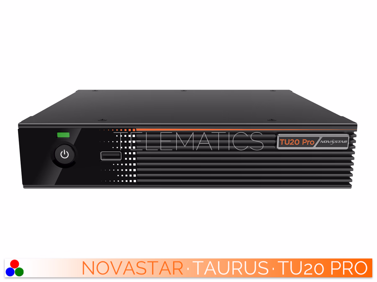 The Art Of Control · NovaStar Taurus Series · Telematics Canada Elevated front perspective of the NovaStar Taurus TU20 Pro multimedia player highlighting the compact chassis.