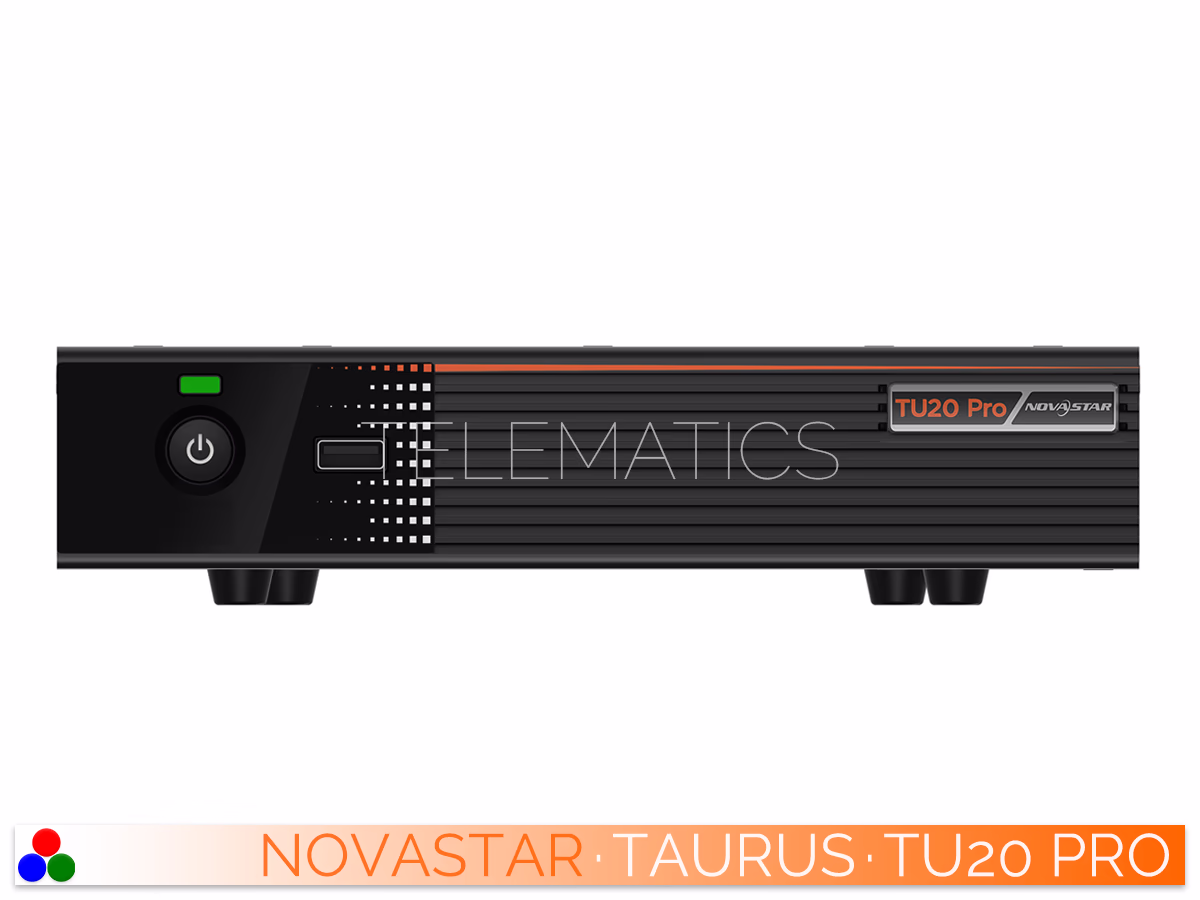 The Art Of Control · NovaStar Taurus Series · Telematics Canada Straight front panel view of the NovaStar TU20 Pro LED display controller featuring the power button, USB port, and ribbed bezel design.