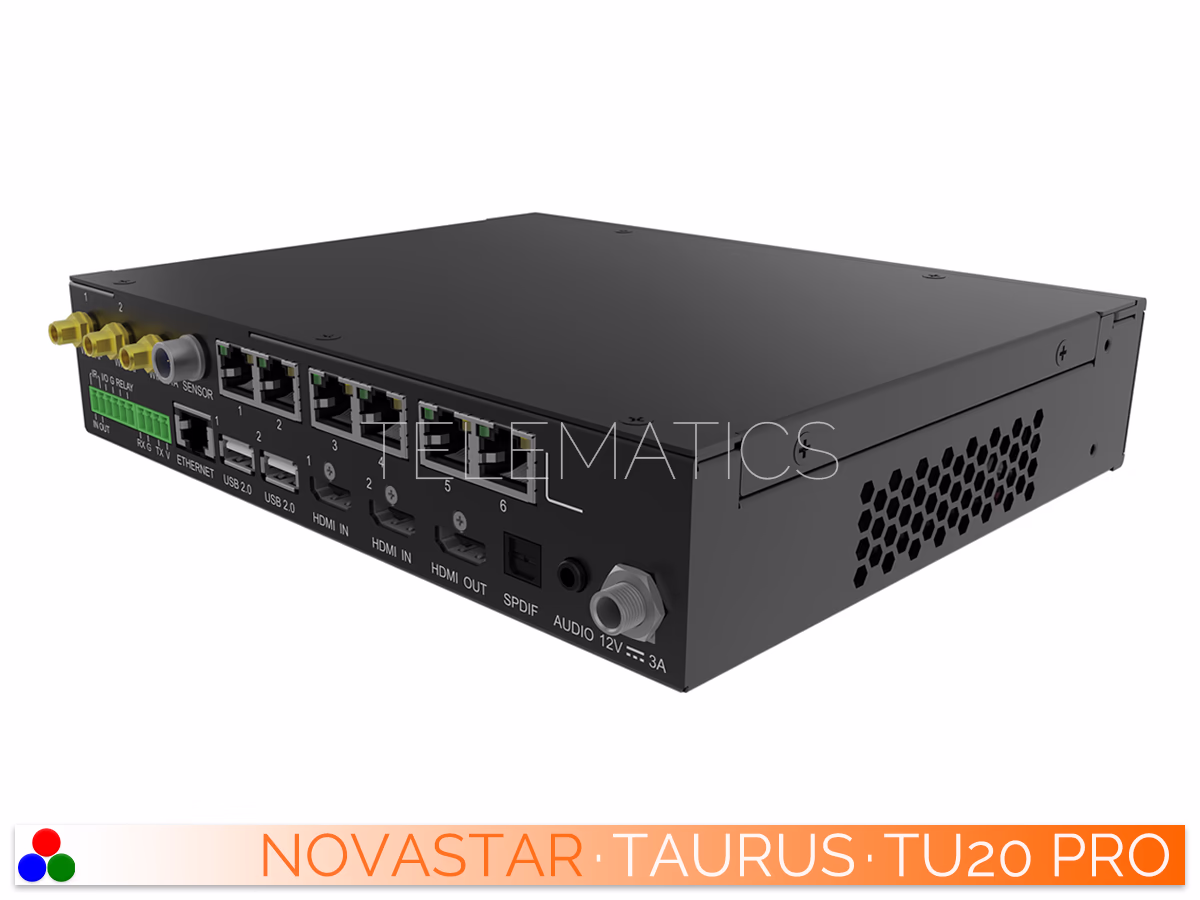 The Art Of Control · NovaStar Taurus Series · Telematics Canada Left-angled rear view of the NovaStar TU20 Pro multimedia player highlighting dual HDMI inputs, six LED outputs, and power input interfaces.