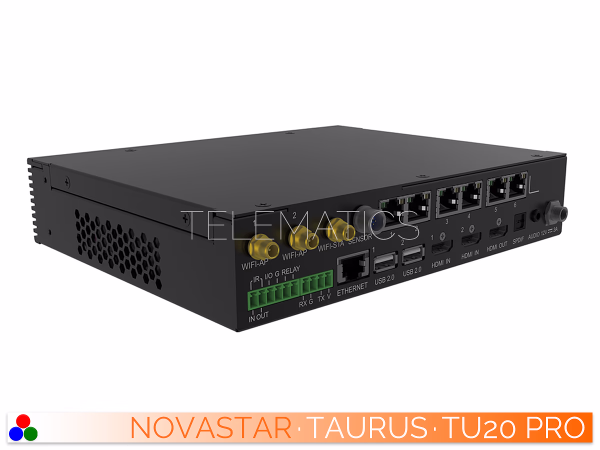 The Art Of Control · NovaStar Taurus Series · Telematics Canada Right-angled rear perspective of the NovaStar Taurus TU20 Pro detailing the WiFi, sensor, relay connections, and six Gigabit Ethernet outputs.